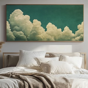 Moody Cloudy Sky Framed Oil Painting Canvas Print, Long Horizontal Peaceful Sky Print, Panoramic Vintage Serene Cloud Wall Art,Ready To Hang