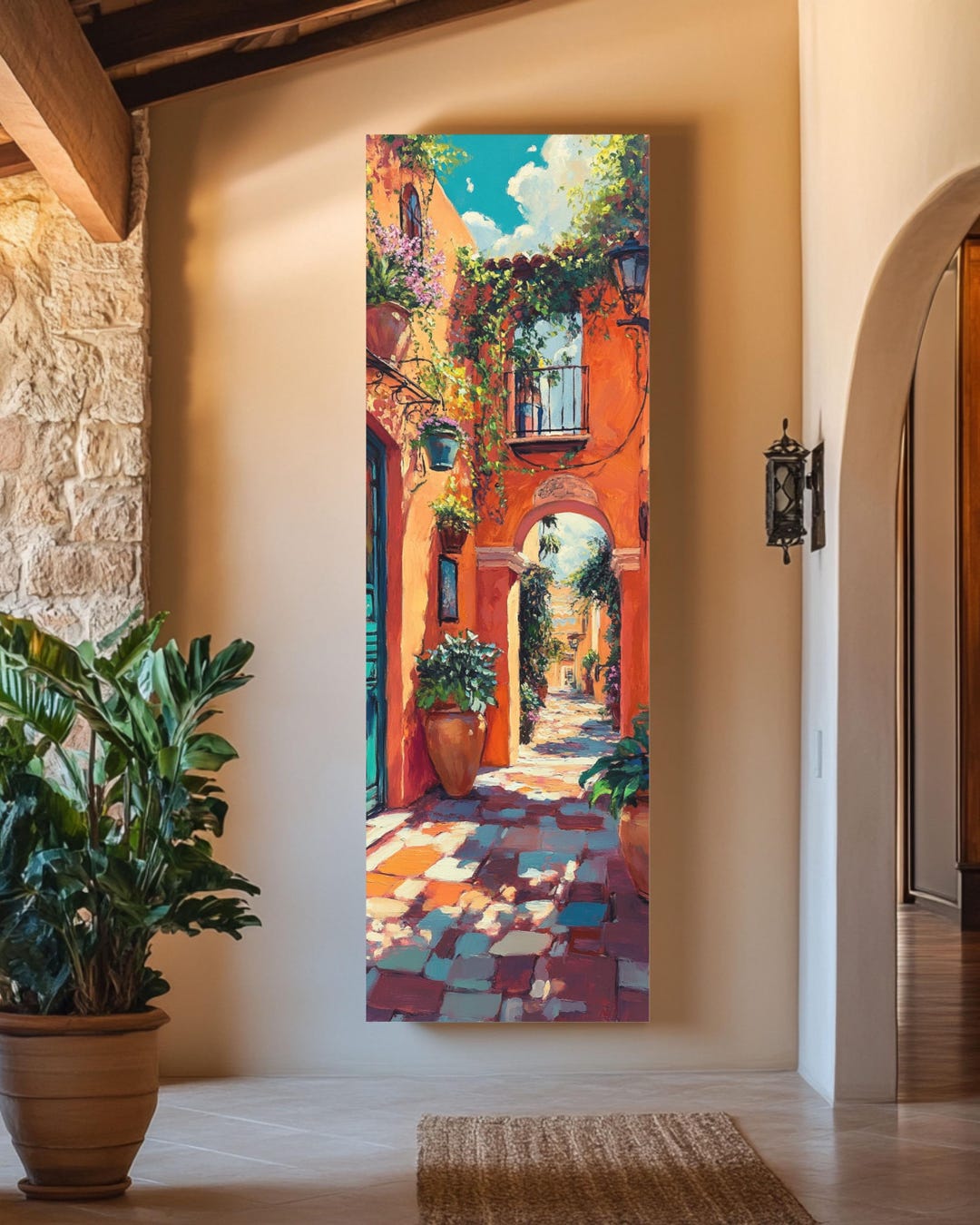 Mediterranean Street Canvas Art: Tall Narrow European Landscape