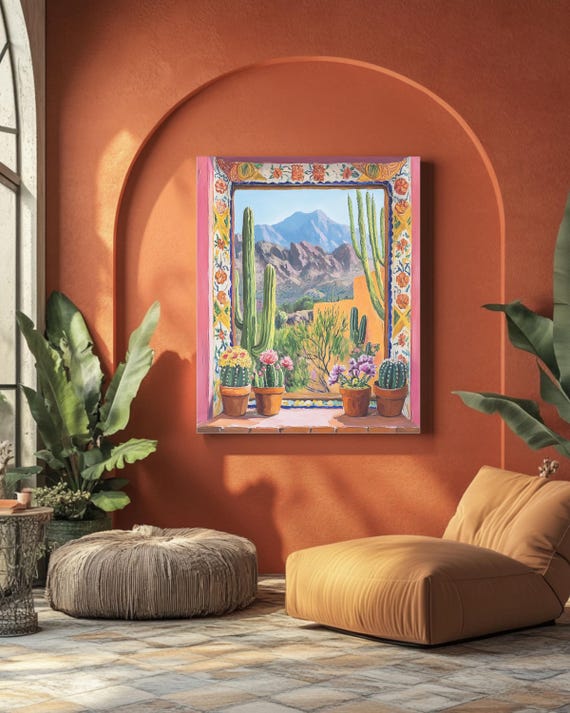Desert Window Canvas Art: Southwestern Mexican Tile, Cacti