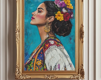 メキシコ人女性のポートレートアートプリント：ティールブルーの花柄ドレス、額装オプション