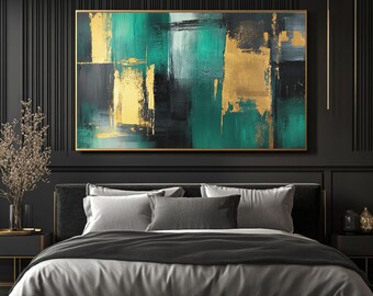 May include: Abstract art piece with a gold frame. The artwork features a blend of teal, gold, and black brushstrokes. The painting hangs above a bed with gray bedding, creating a modern and elegant bedroom aesthetic.