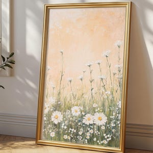Coastal Wildflower Field Digital Print, Vintage Neutral Floral Wall Art, Printable Botanical Landscape Painting, Farmhouse Cottagecore Decor