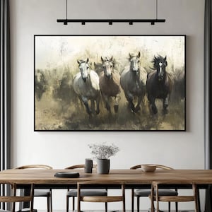 Lienzo abstracto de caballos al galope: decoración de pared de caballos de granja rústica occidental de gran tamaño para sala de estar o dormitorio