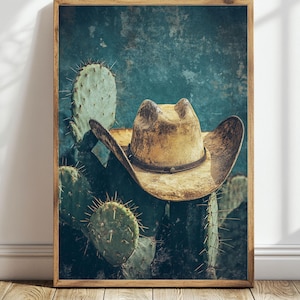 Vintage Cowboy Hut & Kaktus Poster - Western Wüstenwandkunst, gedämpfte Farbe rustikaler Druck, dunkler Ton gerahmtes Dekor, Old West Ästhetik