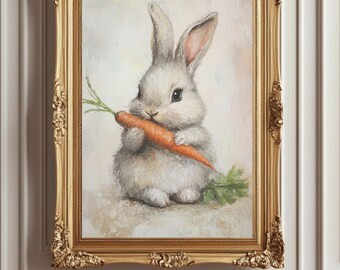 Impression de lapin en train de manger des carottes : décoration de chambre de bébé Cottagecore vintage (téléchargement numérique)