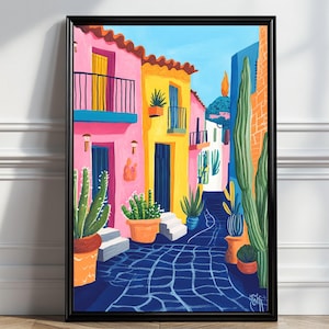 Mexikanische Straßen Illustration - Bunte Gebäude & Kakteen, Gouache Illustration, Matisse Stil gerahmtes Poster