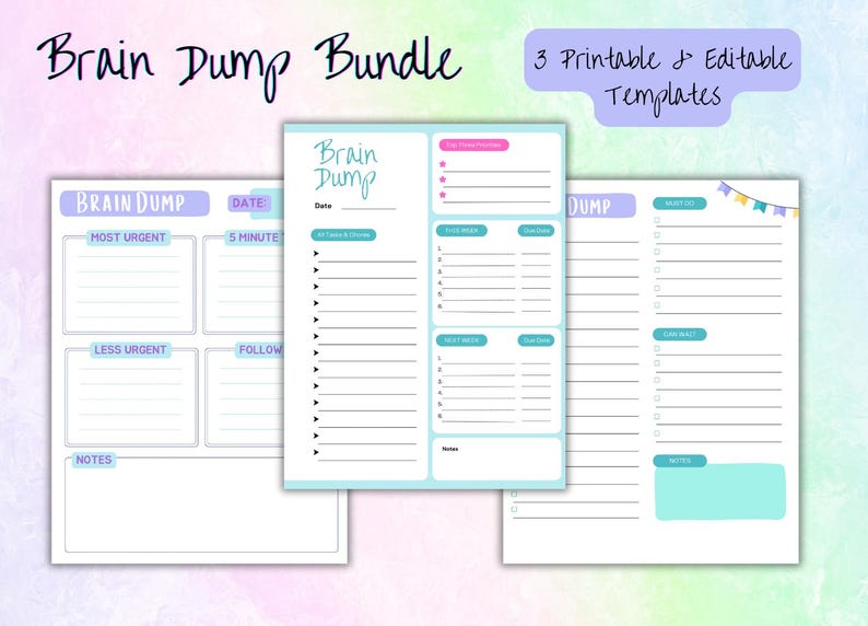 Editable Brain Dump Printable Bundle, ADHD Planner, to Do List Template ...
