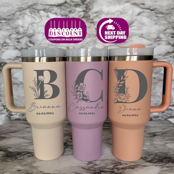 Initials Name Personalized 40 oz Tumbler, Custom Name Cup with Handle & Straw, Stainless Steel Laser Engraved Water Bottle Gift