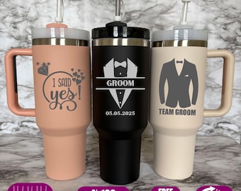 Mrs. Mr. Bride Groom Name Custom 40 oz Tumbler, Personalized Couple Cup, Laser Engraved Spill Proof Water Bottle, Bride Groom Honeymoon Gift