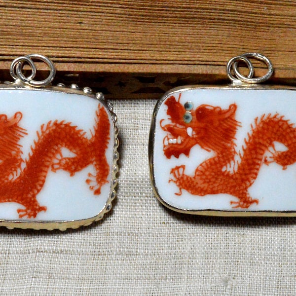 Dynasty Porcelain Pottery Shard Pendant - Red Dragon