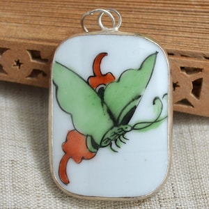 Hand Painted Butterfly Dynasty Old Pottery Porcelain Shard Pendant Charms Silver Plated Bezel- Old Stock, Limited Offer