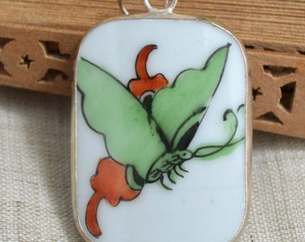 Hand Painted Butterfly Dynasty Old Pottery Porcelain Shard Pendant Charms Silver Plated Bezel- Old Stock, Limited Offer