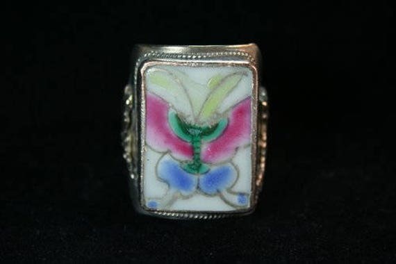 Vintage Pottery Shard Butterfly Ring Large Rectan… - image 1
