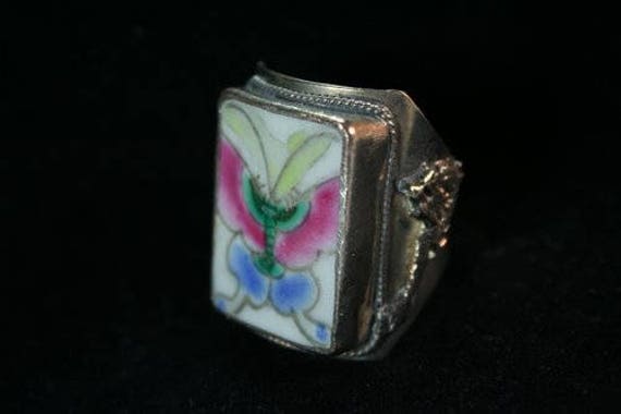Vintage Pottery Shard Butterfly Ring Large Rectan… - image 2