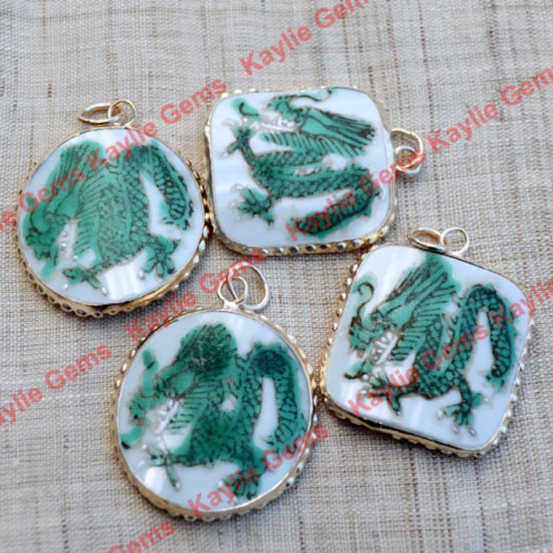 Hand Painted Chinese Dragon Dynasty Porcelain Pottery Shard Pendant Charms Silver Plated Beaded Bezel, Old Stock, Limited Offer image 1