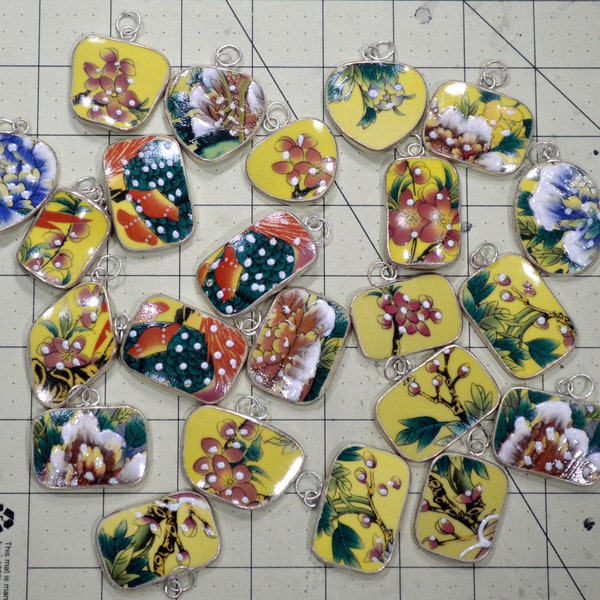 Hand Painted Flower Floral Ming Qing Porcelain Shard Pendant Charms Silver Plated Bezel- Old Stock, Limited Offer