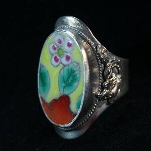 poterie vintage Éclat ovale Anneau de fleurs Grande dynastie Argent oxydé #22 réglable