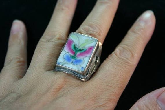 Vintage Pottery Shard Butterfly Ring Large Rectan… - image 3