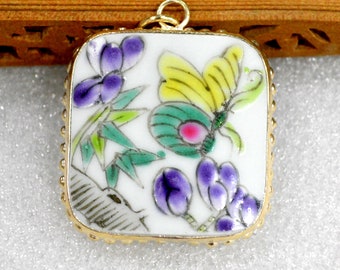 Broken China Hand Painted Dynasty Porcelain Pottery Shard Pendant - Cherry Blossom and Butterfly