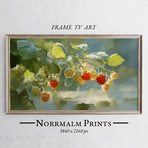 May include: A framed digital art print featuring a branch of raspberries. The artwork displays red and yellow berries with green leaves against a soft, blurred background. The text "FRAME TV ART" and "Norrmalm Prints" are visible.