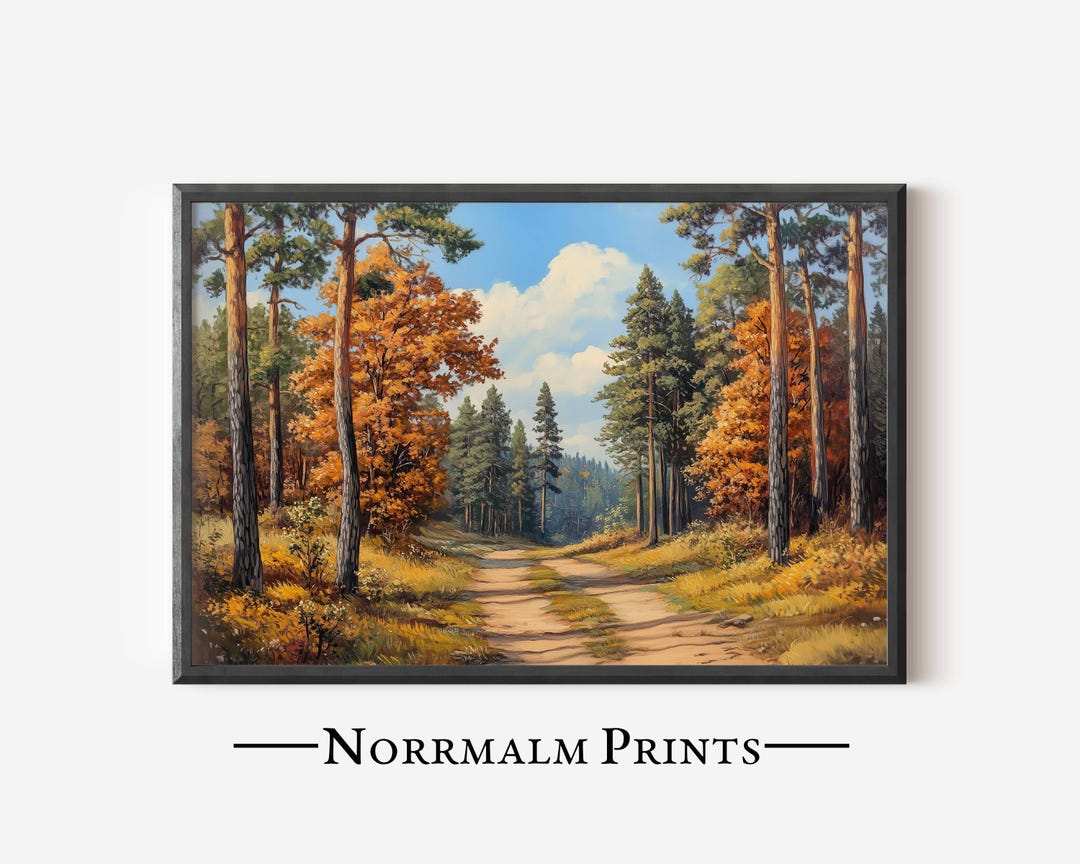 Printable Forest Path Wall Art, Autumn Foliage Pine Tree Painting ...