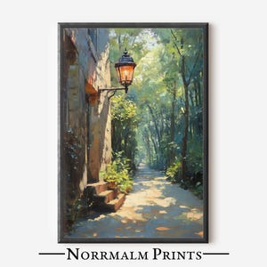 May include: A painting of a stone building with a lamppost and a path leading into a forest. The lamppost is lit and casts a warm glow on the path. The forest is lush and green, and the sun is shining through the trees.