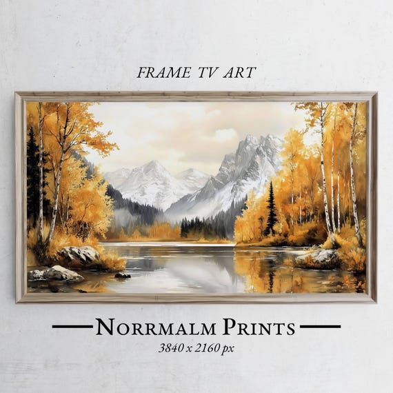 秋の山湖フレームTVアート：黄金の白樺の木（デジタルダウンロード