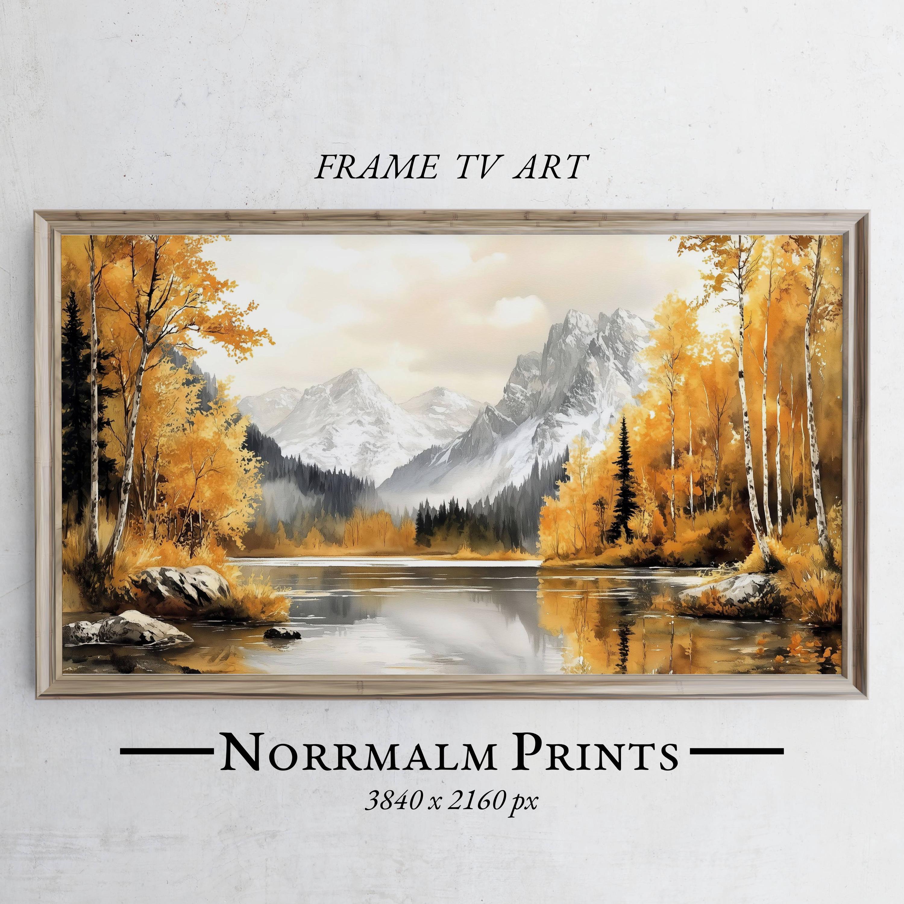 秋の山湖フレームTVアート：黄金の白樺の木（デジタルダウンロード