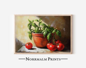 Tomato Basil Still Life Painting: Printable Kitchen Wall Art (Digital Download) - 0262