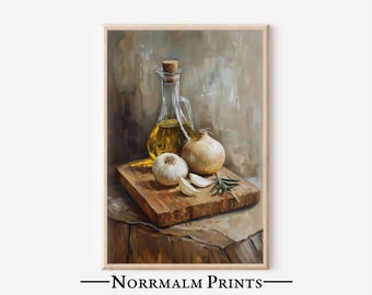 Kitchen Still Life Art Print: Olive Oil, Garlic, Onion (Digital Download) - 0220