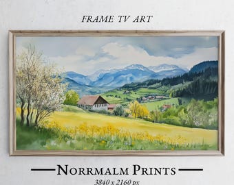 Austrian Farmhouse Watercolor Painting: Spring Landscape TV Art (Digital Download) - 0628