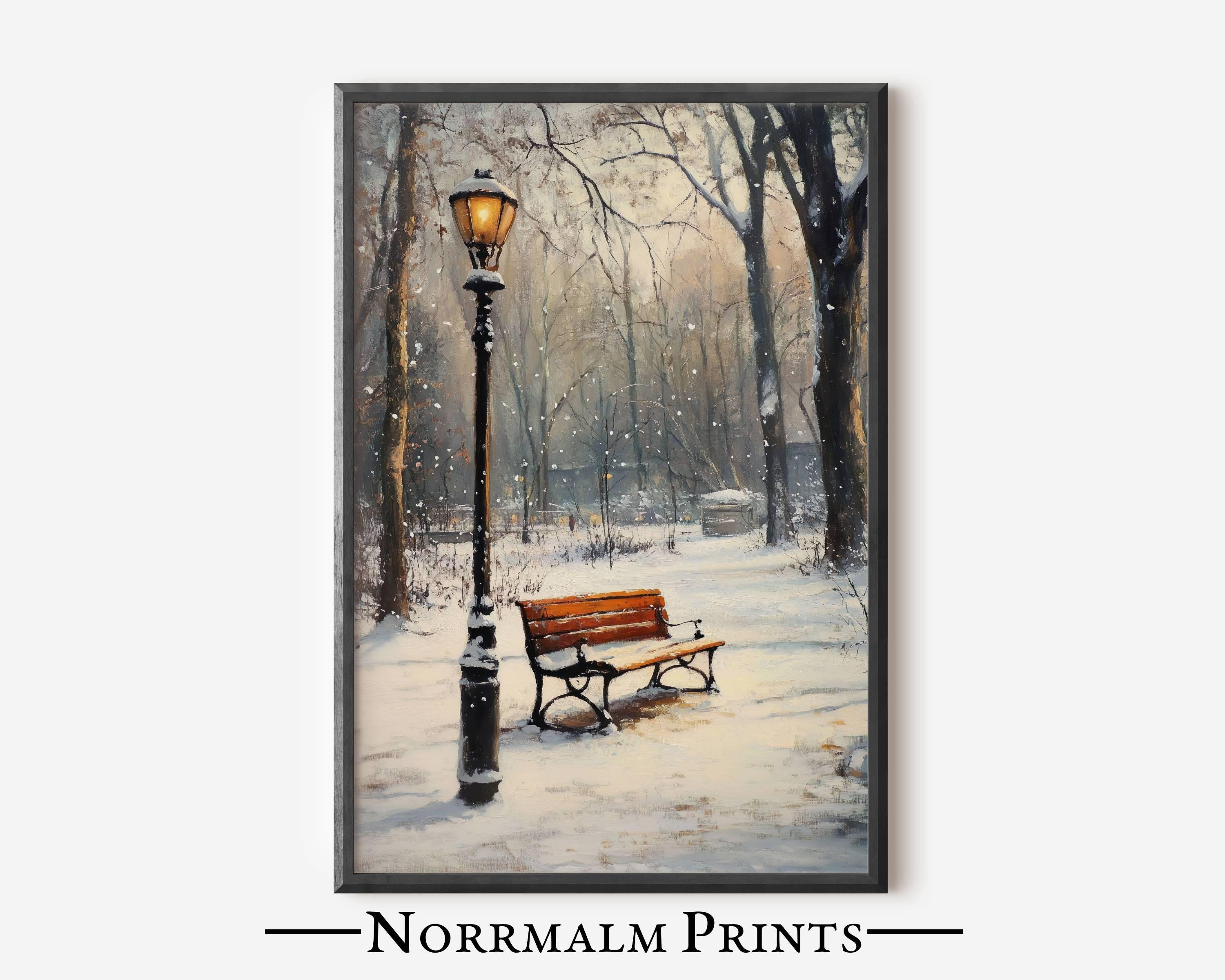 冬の公園ベンチのプリント可能な壁アート：雪に覆われた街灯の絵画