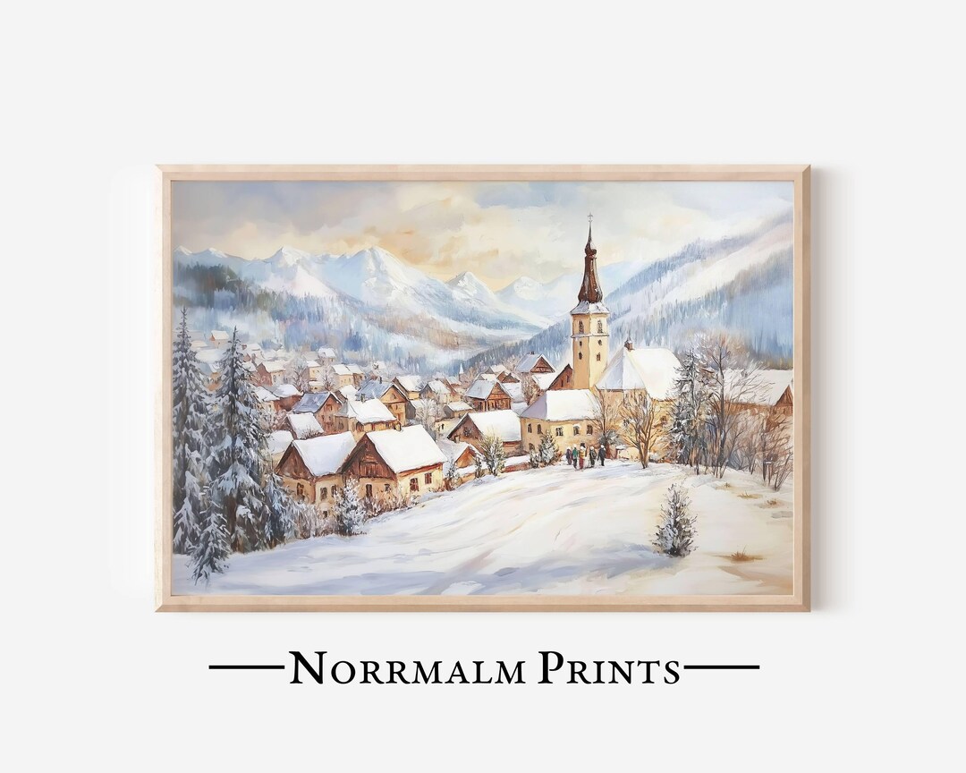 Printable Mountain Village Wall Art, Winter Landscape Painting, Snow ...