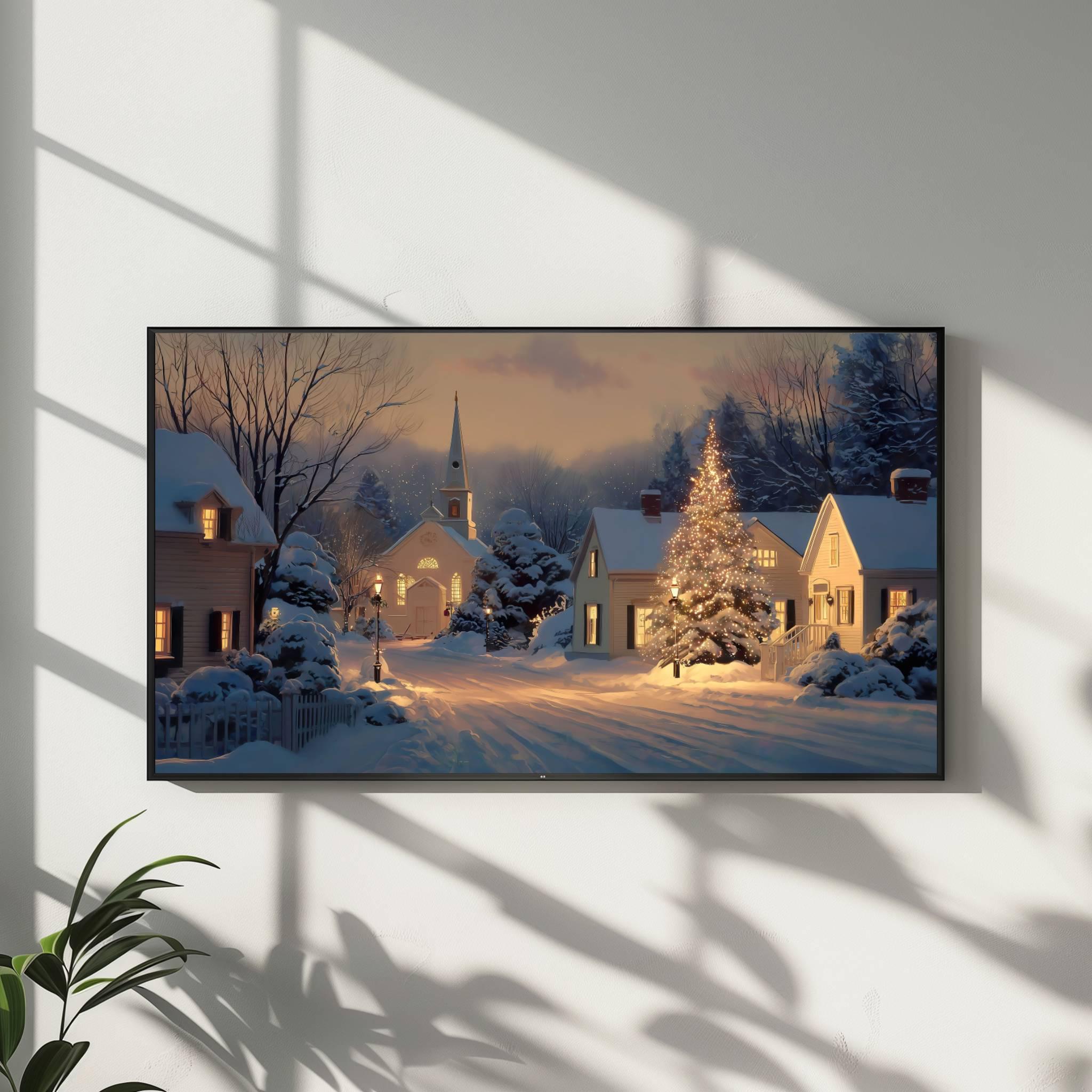 雪の村のクリスマス教会：Samsung The Frameのテレビアート（デジタル