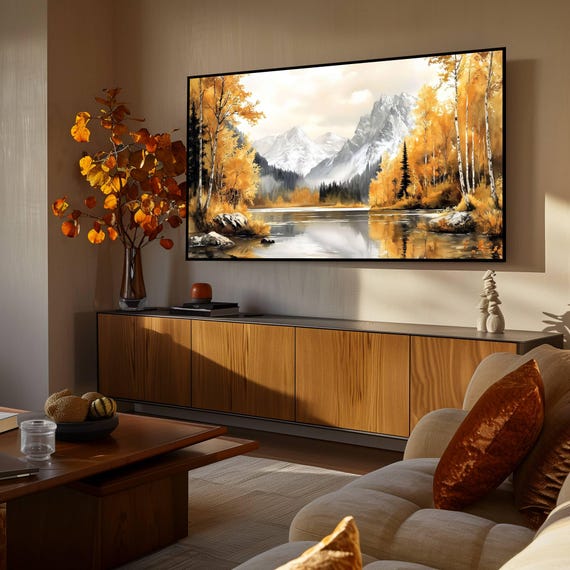 秋の山湖フレームTVアート：黄金の白樺の木（デジタルダウンロード