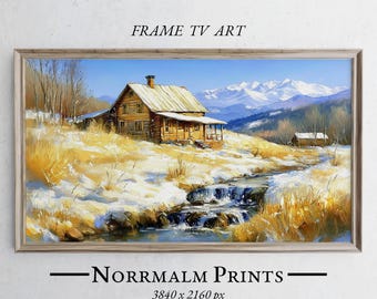 May include: A painting of a wooden cabin in a snowy landscape with a stream flowing through the foreground. The cabin has a brown roof and white snow on the roof. The mountains are in the background. The painting is framed in a light wood frame.