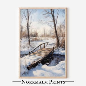 Winter River Landscape Print: Wooden Bridge Painting (Digital Download) - 0217