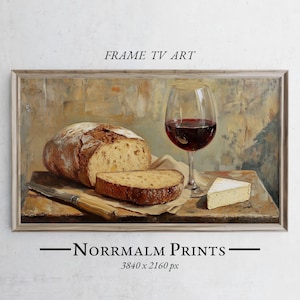 Puede incluir: Una pintura de bodegón con una hogaza de pan, una rebanada de pan, una copa de vino tinto y una cuña de queso sobre una mesa de madera. La pintura está realizada en un estilo realista con una paleta de colores cálidos.