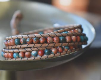 Orange and Blue Rain Flower Jasper // Wrap Bracelet // Leather Bracelet // Beaded Bracelet