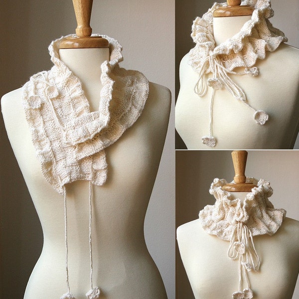 Women's Scarf KNITTING PATTERN, Scarflette, Tutorial, How To, PDF Instructions Download, Victorian, Ruffle, Collar, Romantic, Fashion