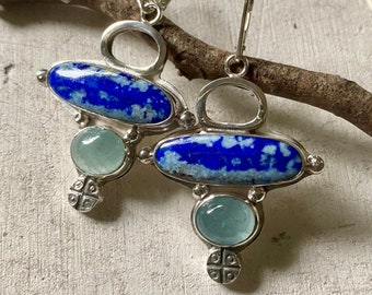 Aquamarine and Lapis artisan silver earrings