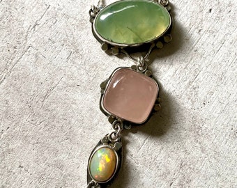 Botanical silver artisan necklace Opal Rose Quartz and Prehnite