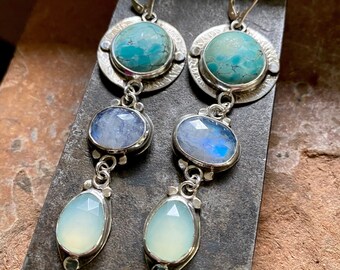 turquoise moonstone and Chalcedony triple gem artisan silver earrings