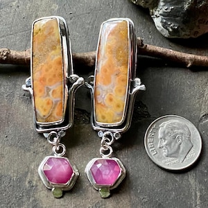 pink Sapphire and River Jasper artisan silver earrings