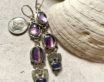 Triple gem artisan earrings Amethyst Iolite Fluorite