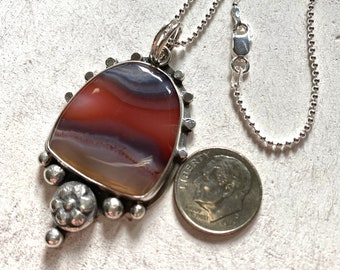 Agate pendant Necklace with silver flower large statement piece
