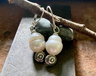 Rustic Silver and Pearl drop earrings