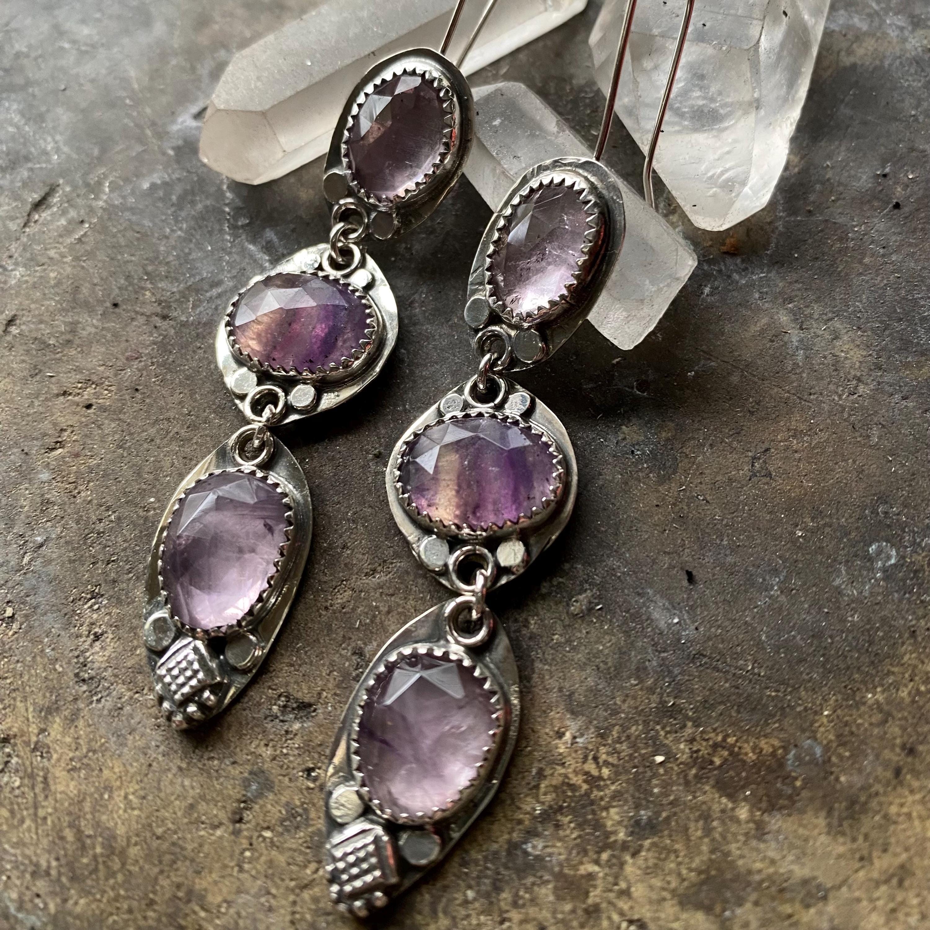 Amethyst artisan silver triple gemstone earrings