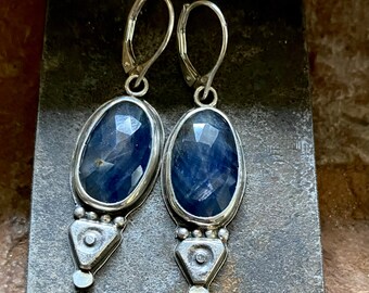 Rose cut Blue Sapphire artisan silver earrings