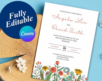 Wildflower Wedding Invitation Template Bundle, Wedding Invitation Set Custom Floral Wedding Invite Suite DIY Editable Invite Canva Template